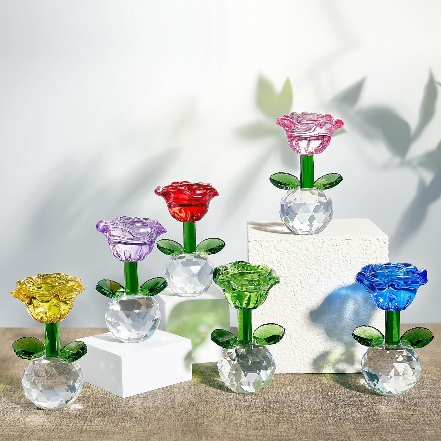 Regine Switzerland Crystal Glass Rose Flowers Figurines - Colorful Blown Glass Decor | Set of 6, 3.5in