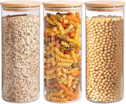 ComSaf Glass Storage Containers - 1.7 Qt Clear Jars with Lids | Set of 3 Round Canisters for Pantry Organization