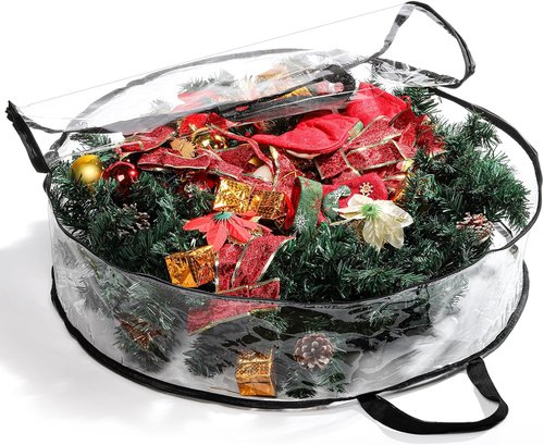 Hedume Wreath Storage Bag - 30" X 8" Clear Container with Dual Zippers & Reinforced Handle for Holiday Decor