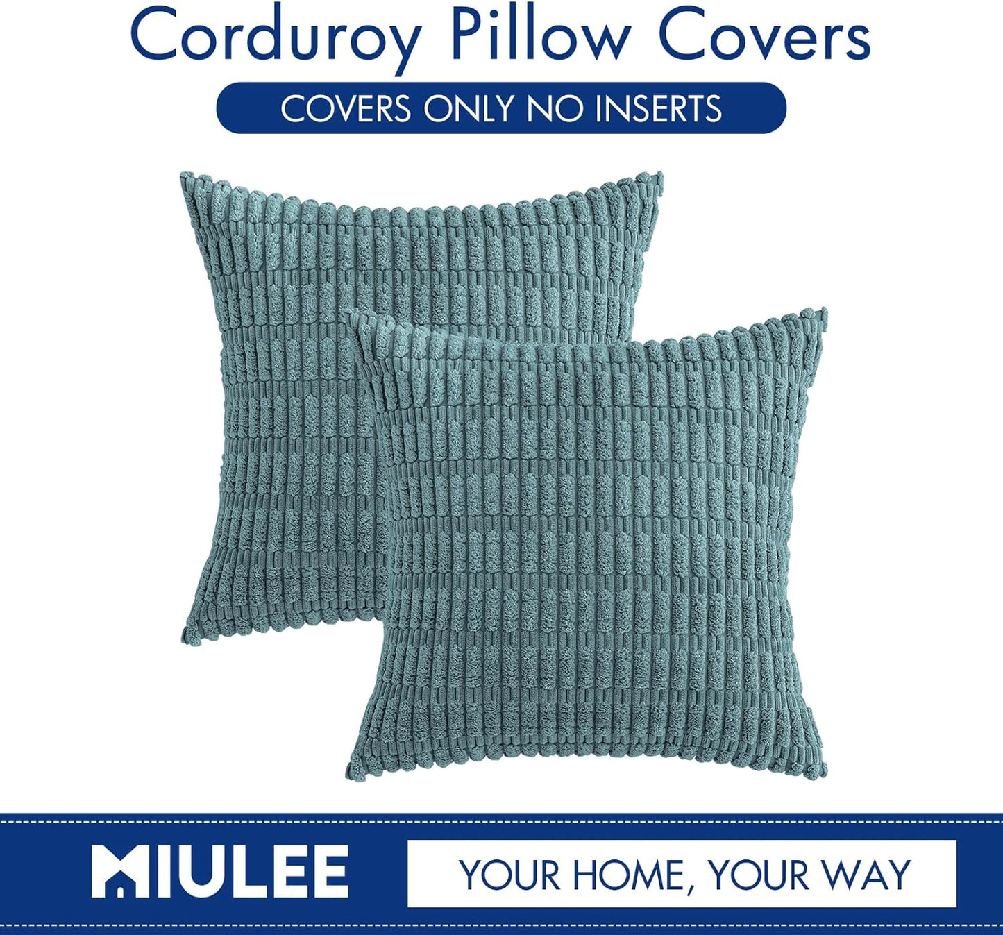 MIULEE Corduroy Throw Pillow Covers - Soft Boho Striped Design, 16x16 Inch, Coastal Blue for Modern Home Decor