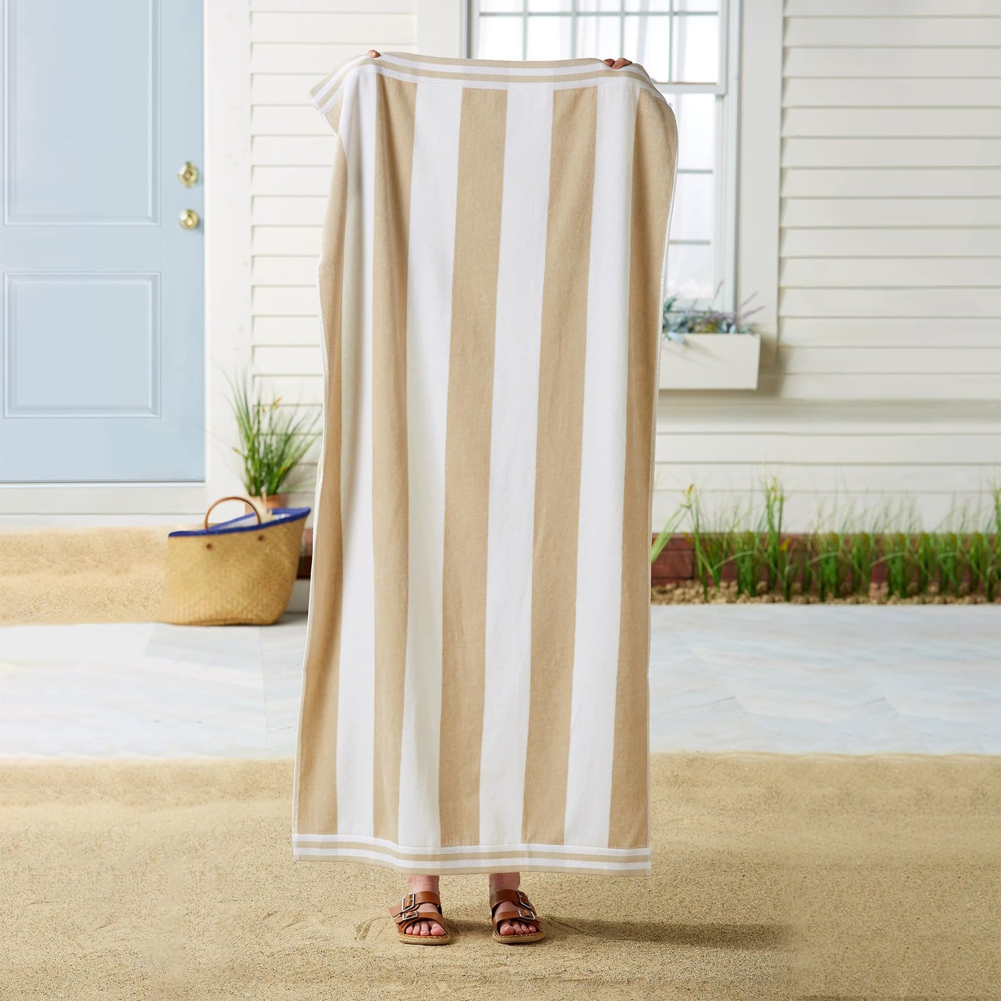 Great Bay Home 100% Cotton Velour 4 Pack Oversized Beach Towels - Taupe Cabana Stripe Pool Towels - Quick Dry, Large Swim Towels (4 Pack 35" x 70", Linen)