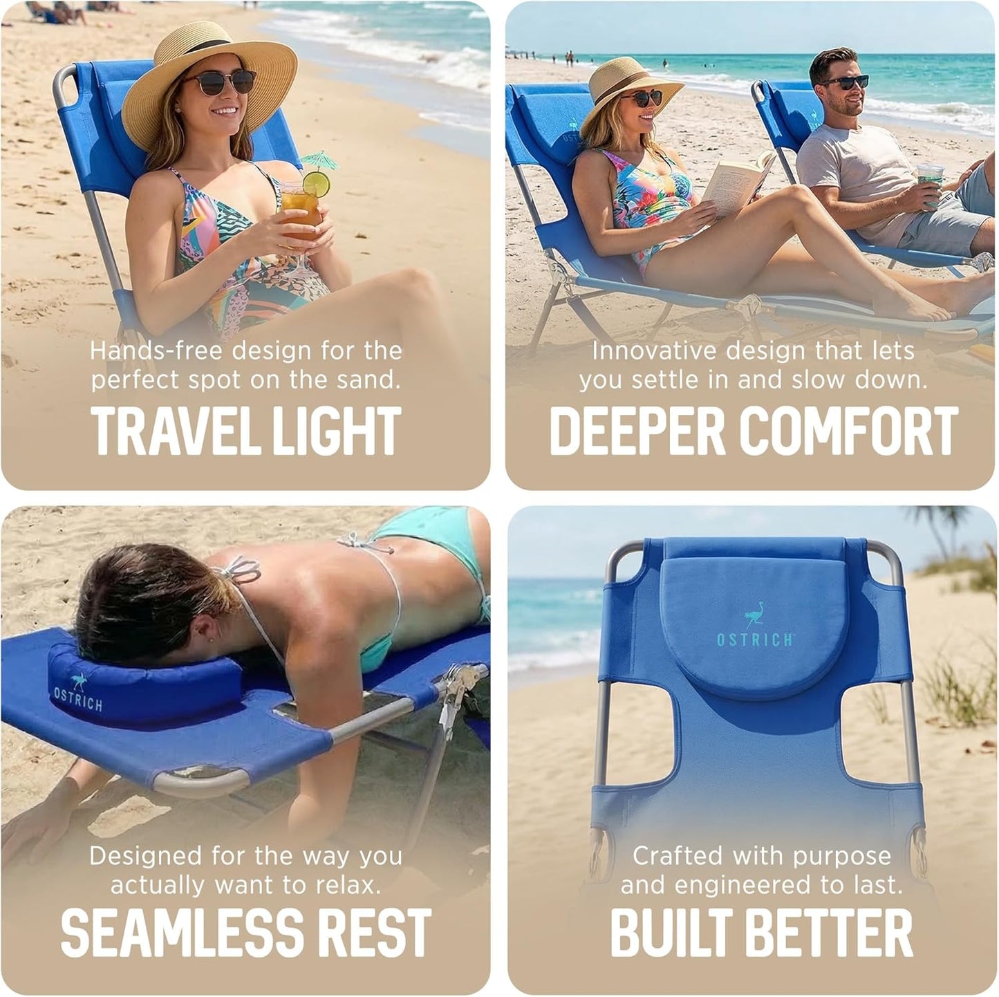 Ostrich Original Chaise Lounge - 72 x 22 Inch Portable Reclining Chair for Beach, Patio & Pool - Ocean Blue