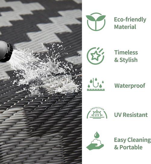 GENIMO Outdoor Rug - Waterproof Reversible Mat for Patio | 6'x9' Black & Gray Design