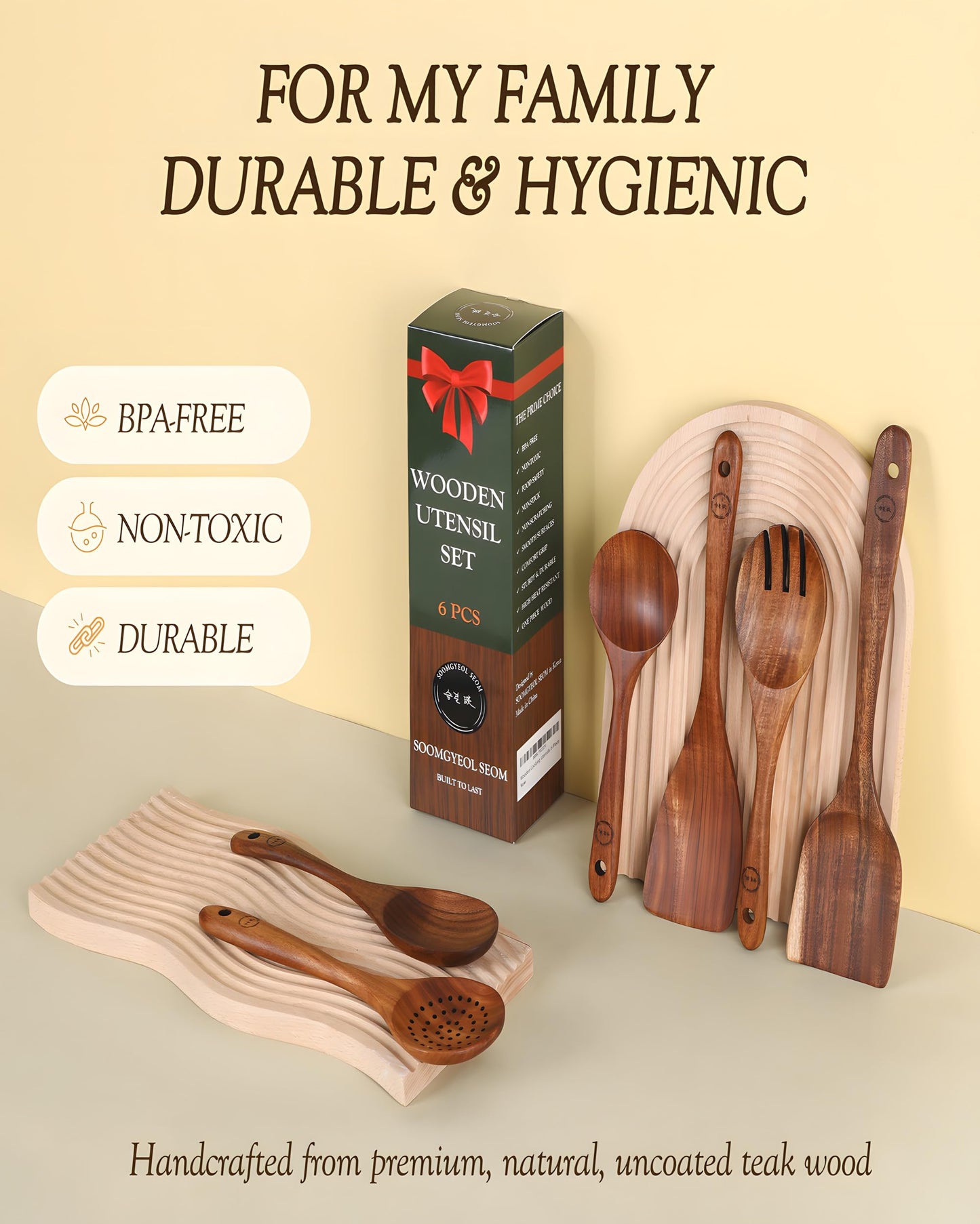 6-Piece Natural Teak Wood Utensil Set - Compact Nonstick Cooking Spoons & Spatulas, Durable Wooden Tools
