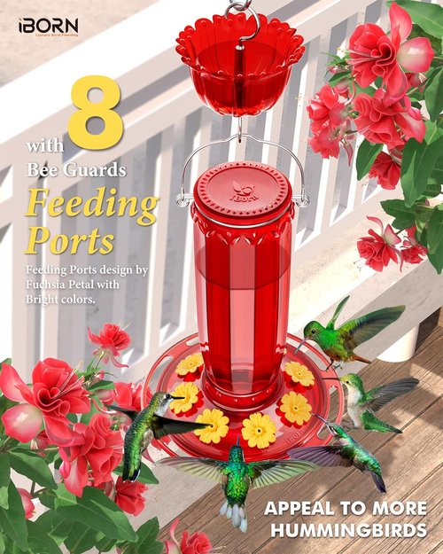 iBorn Hummingbird Feeder - 8-Port Glass Design with Ant Moat | 16oz Capacity, Yellow Flowers & Red Glass