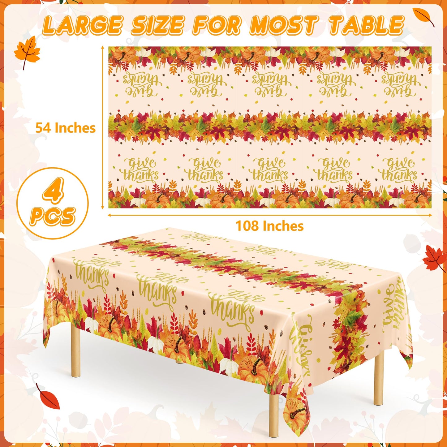 QZYL 4 Pack Thanksgiving Tablecloths, 54" x 108" Fall Plastic Tablecloth, Rectangle Maple Leaves Pumpkin Disposable Table Cloths Tablecover, Thanksgiving Decorations Table Decor Fall Party Supplies
