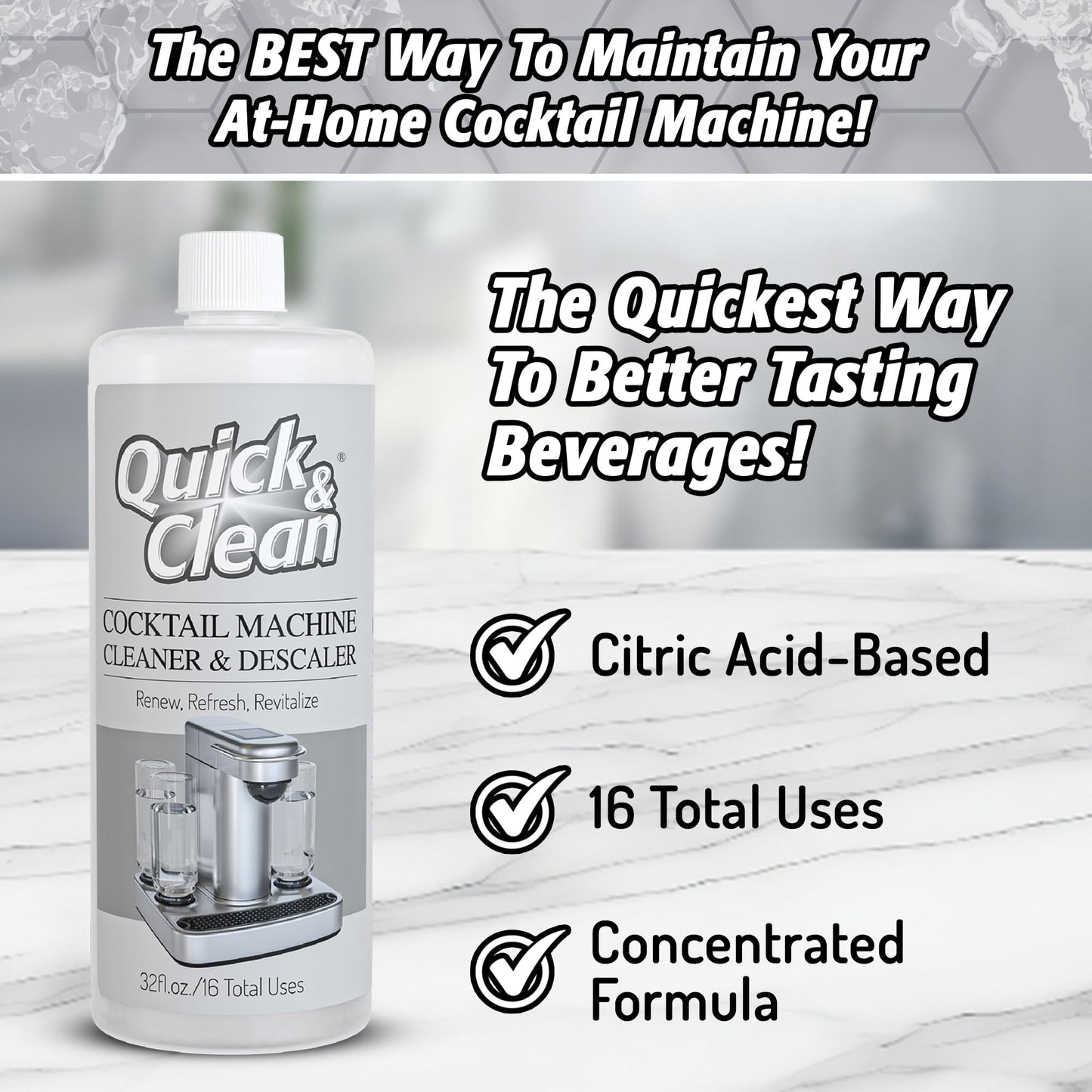 Quick & Clean Cocktail Machine Cleaner & Descaler - Made in the USA - Cleaner & Descaler for At-Home Cocktail Machines - Removes Mineral & Limescale Buildup