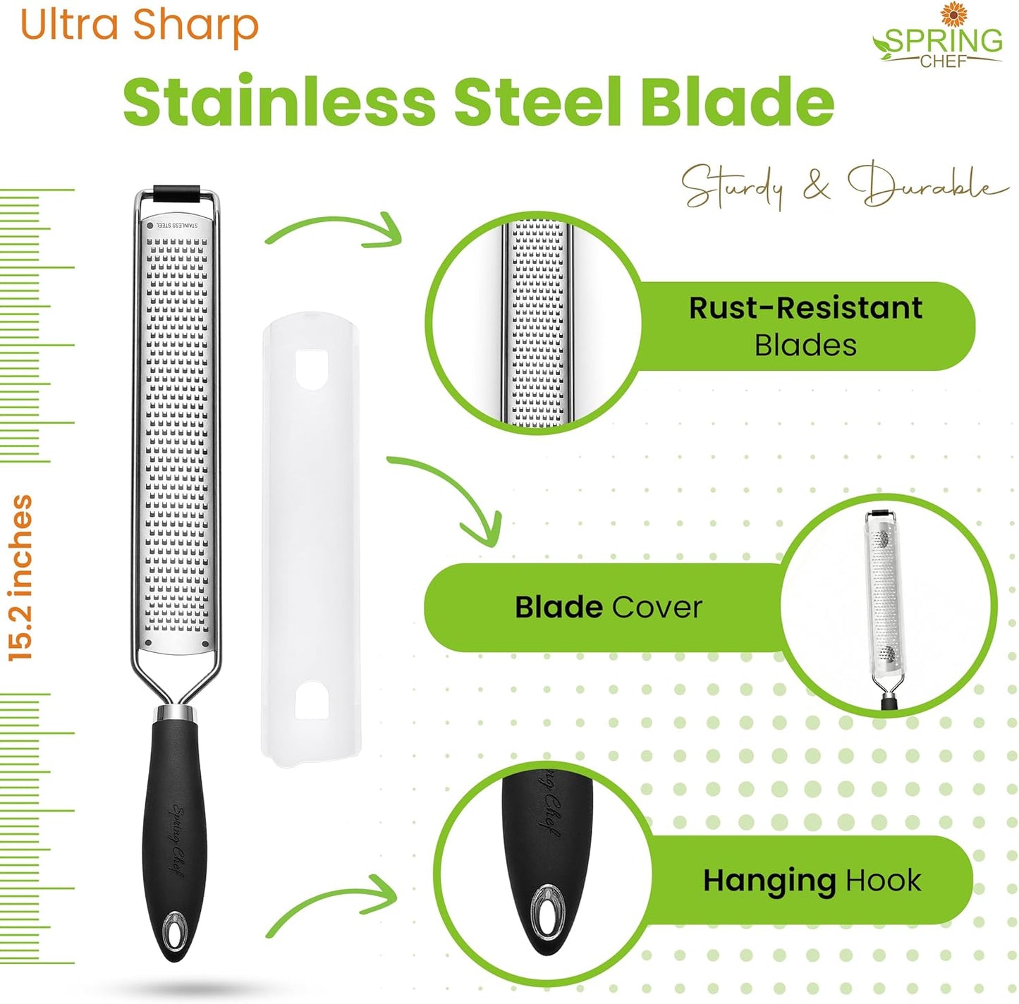 Spring Chef Stainless Steel Lemon Zester Grater - Heavy Duty Citrus Tool with Handle & Blade Cover - Black
