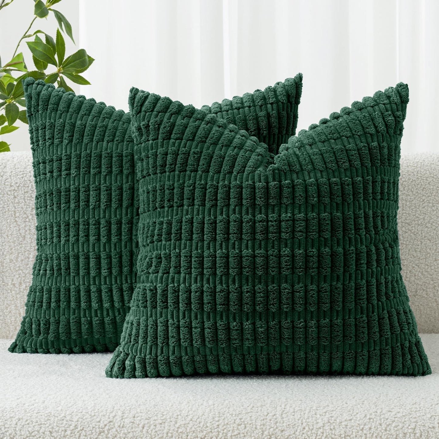 MIULEE Decorative Pillow Covers - Soft Dark Green Corduroy | Pack of 2, 18x18 Inch, Boho Striped Design for Modern Farmhouse Home Decor