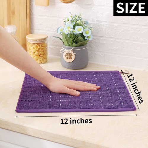 Homaxy 100% Cotton Terry Kitchen Towels(Purple, 13 x 28 inches), Checkered Designed, Soft and Super Absorbent Dish Towels, 8 Pack