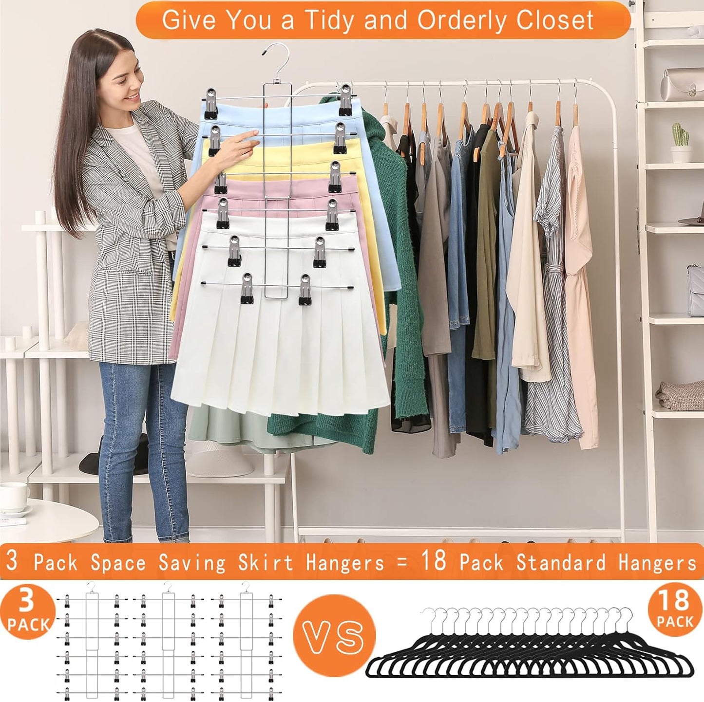 Skiennix 3-Pack Pants Hangers - Space-Saving 6-Tier Closet Organizers with Clips | Ideal for Jeans & Scarves