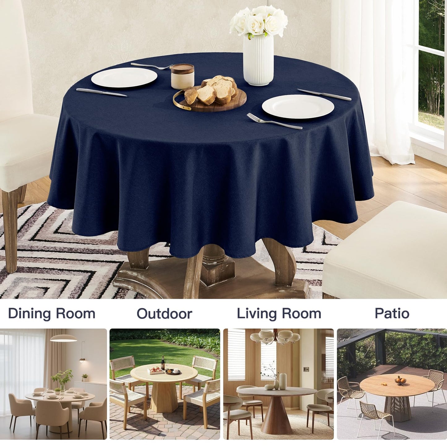 Veblandy Tablecloth Linen Textured Waterproof & Stain Resistant Table Cloth Wrinkle Free Decorative Fabric Farmhouse Table Cover for Dining/Party/Buffet/Wedding, 60 x 60 Inch, Navy Blue