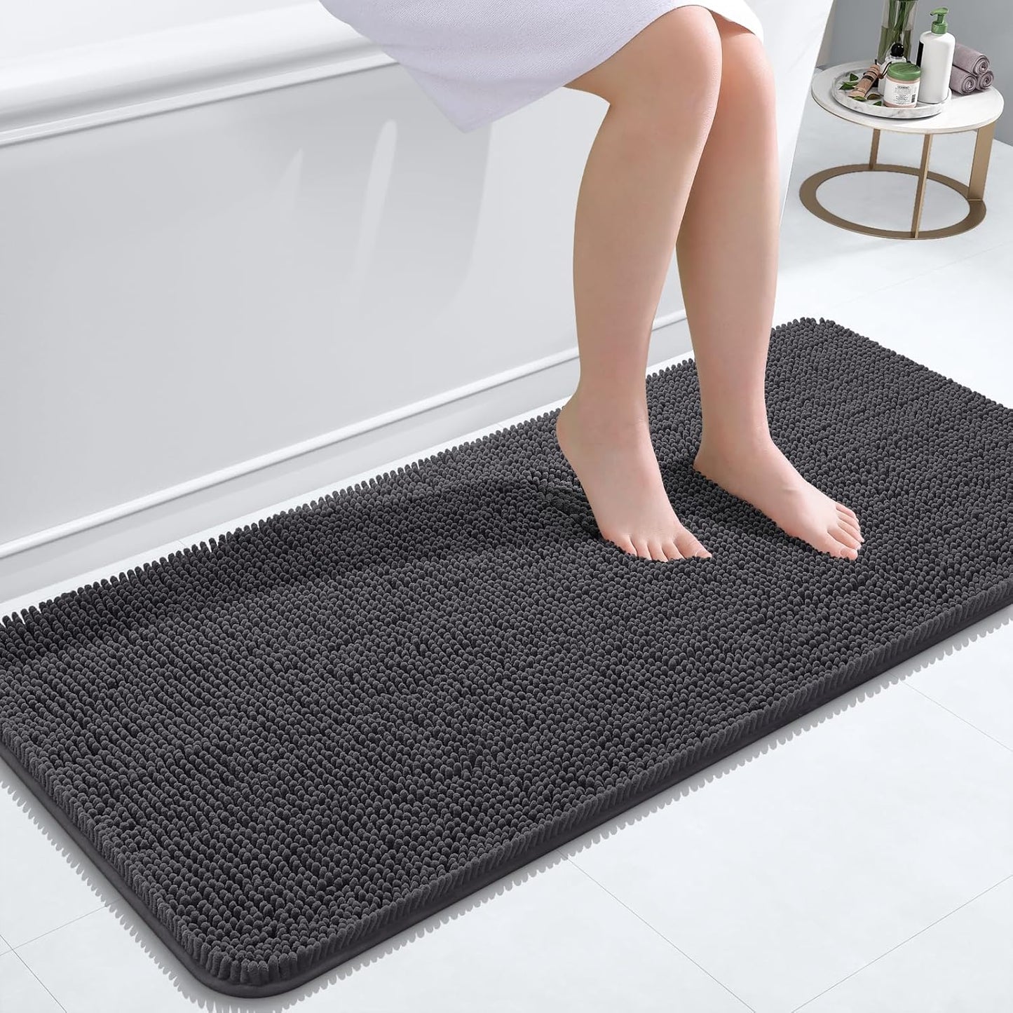 OLANLY Bathroom Runner Rugs - Soft Absorbent Chenille with Rubber Backing | Quick-Dry 47x20 Dark Grey Mats