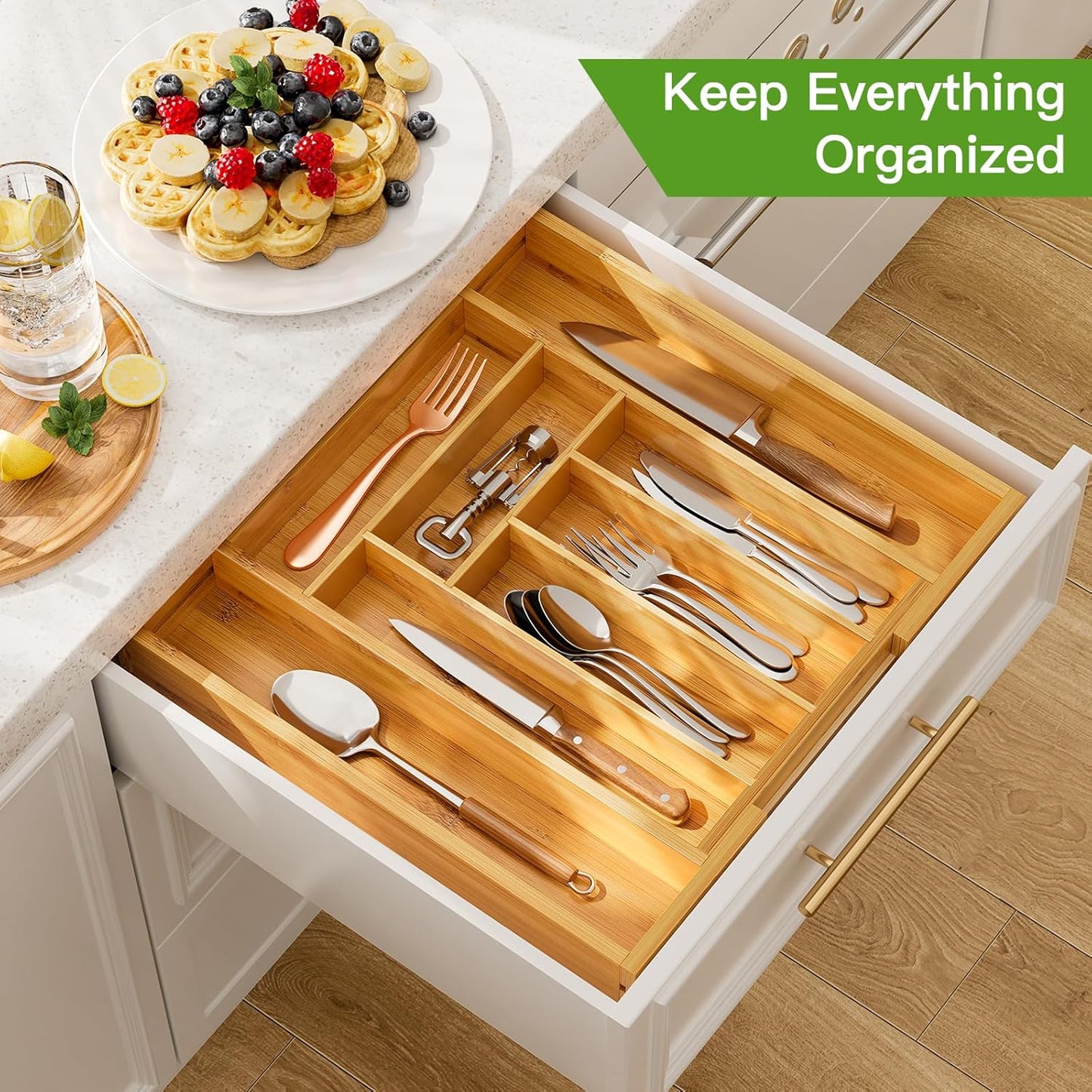 Pipishell Bamboo Drawer Organizer - Adjustable Utensil Holder & Cutlery Tray | Versatile Wood Dividers for Kitchen & Home