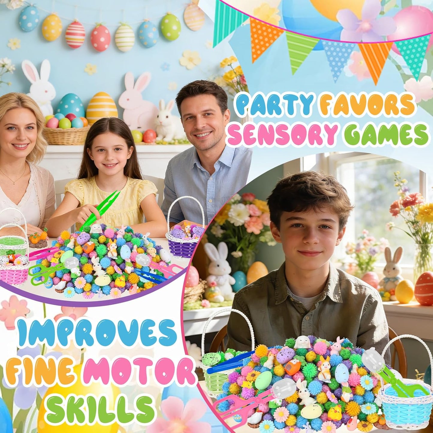 Skiennix Easter Sensory Bin Filler - 287 Pcs Colorful Eggs, Bunnies & Flowers for Counting Fun