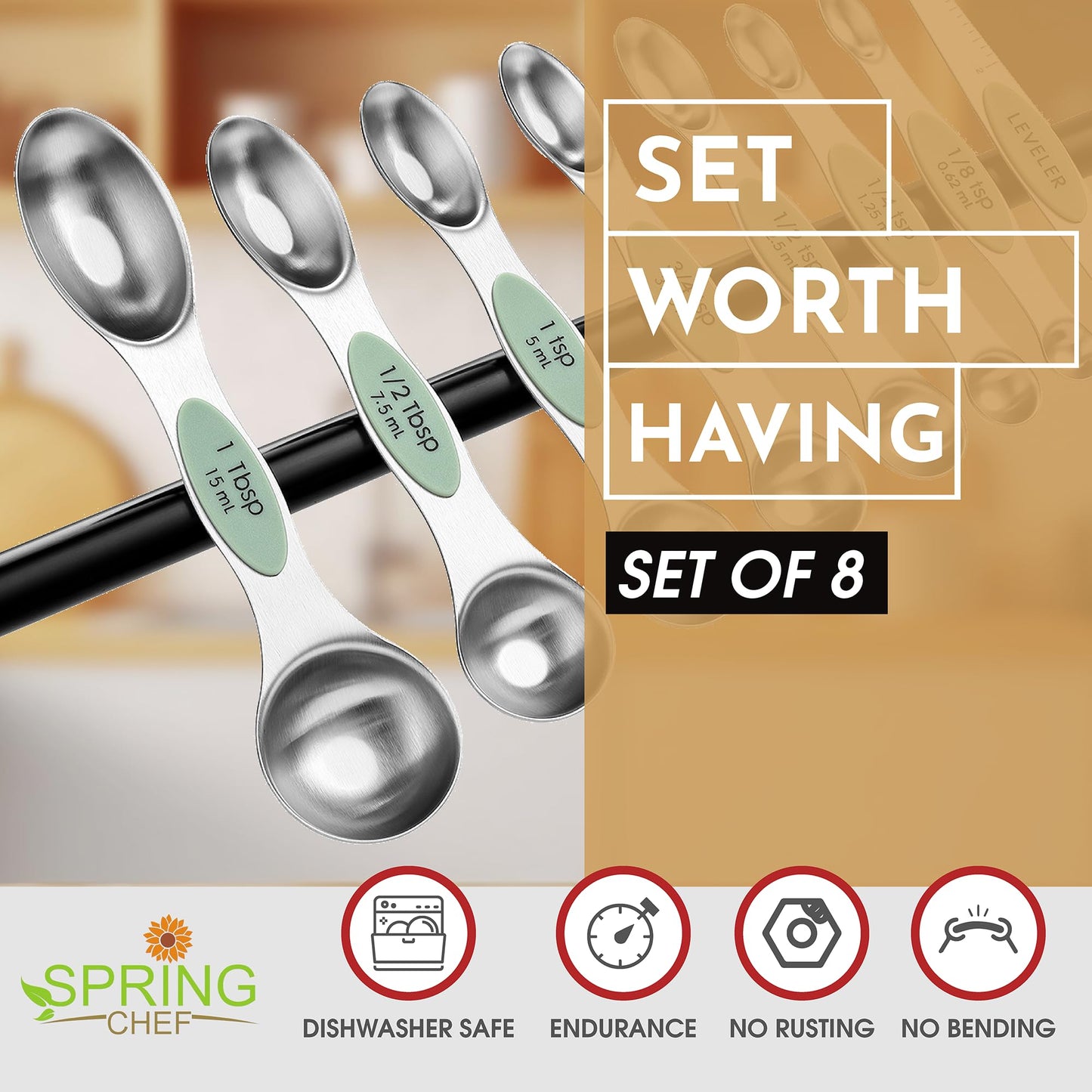 Spring Chef Magnetic Measuring Spoons Set, Dual Sided, Stainless Steel, Fits in Spice Jars, Pistachio, Set of 8, 2 Pack