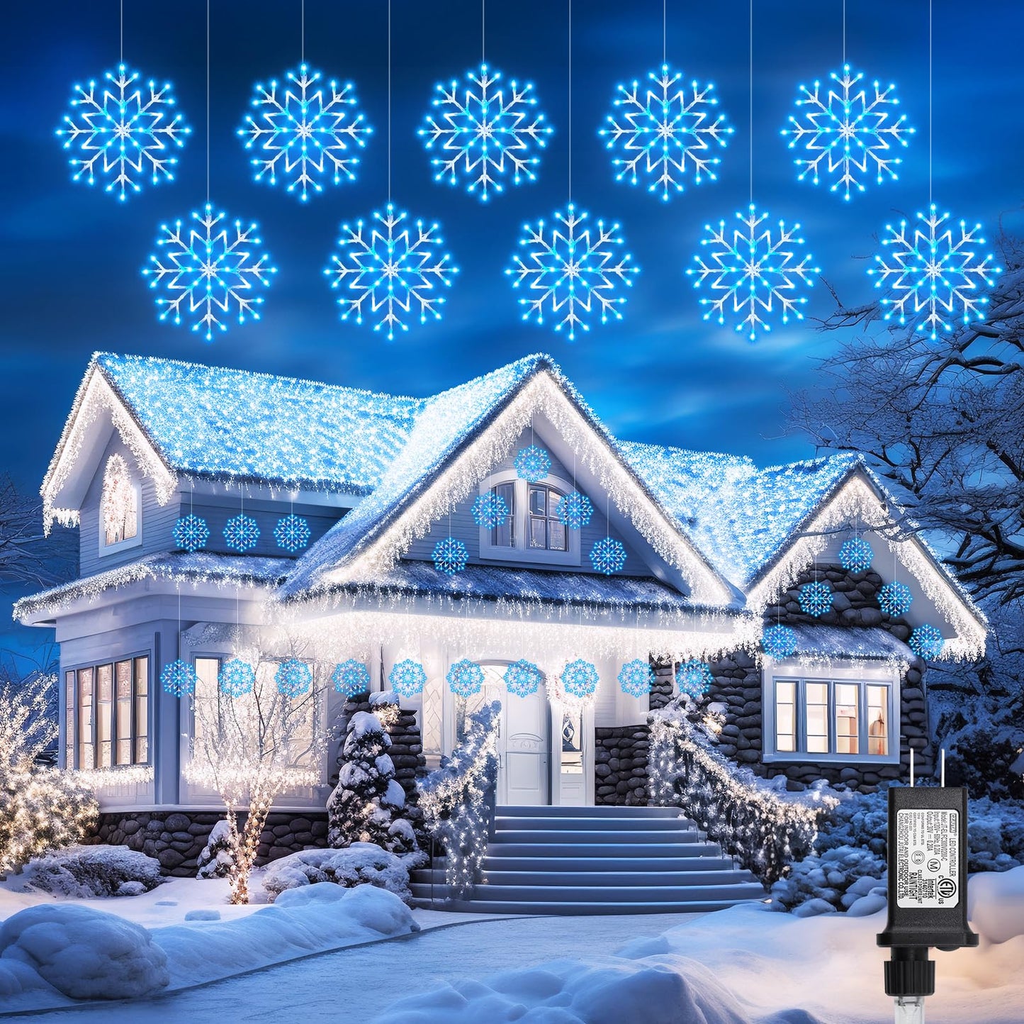 Brightown Christmas Snowflake Icicle Lights Outdoor - Plug-in 23.6ft 10 Drops 480LED Snowflake Window Lights for Indoor Outdoor Porch Eaves Rooftops Canopy Christmas Decoration, Blue and White