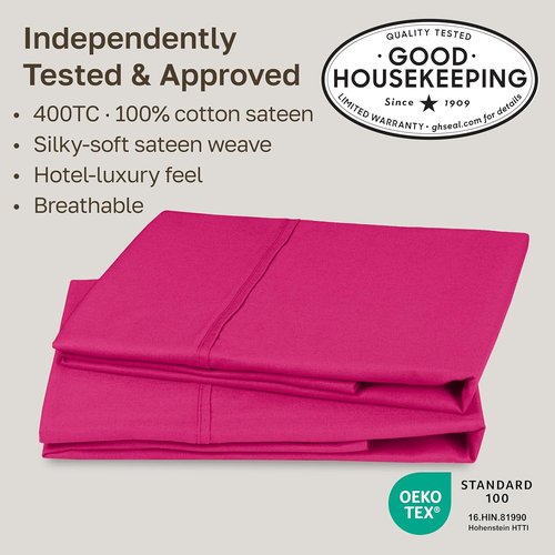 California Design Den King Size Pillowcases - 400 Thread Count Sateen, Soft 100% Cotton, Hot Pink - Set of 2