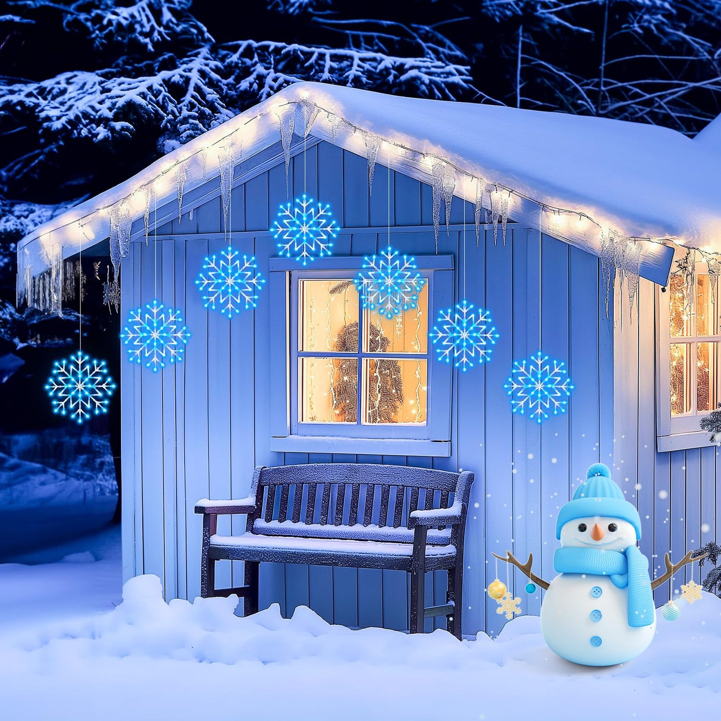 Brightown Christmas Snowflake Icicle Lights Outdoor - Plug-in 23.6ft 10 Drops 480LED Snowflake Window Lights for Indoor Outdoor Porch Eaves Rooftops Canopy Christmas Decoration, Blue and White