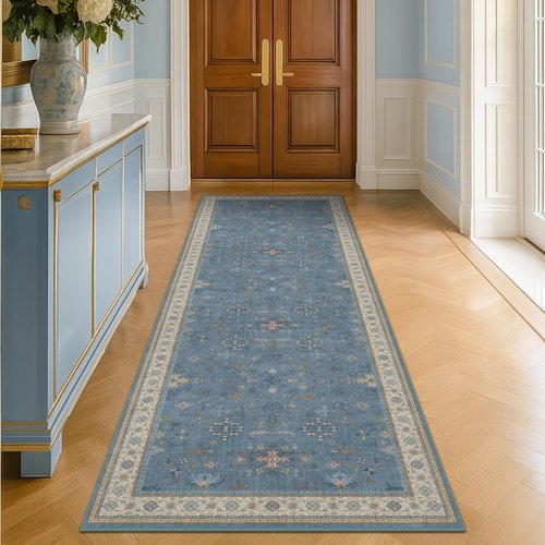 Hazo Haus Light Blue 2x8 Washable Runner - Boho Non-Slip Vintage Floral Rug for Hallway & Kitchen