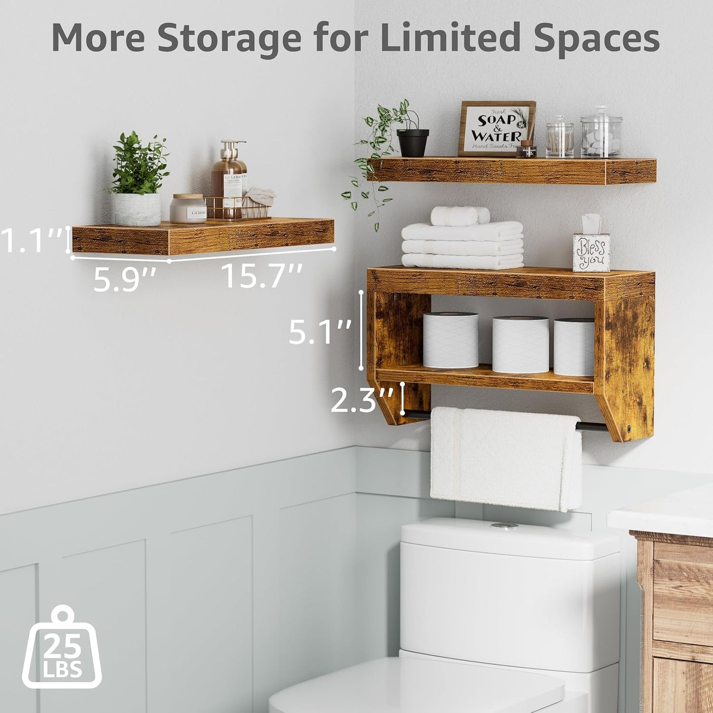 QEEIG Floating Bathroom Shelves - Rustic Brown Wall Storage Set of 3 | 16 Inch Over Toilet Solution