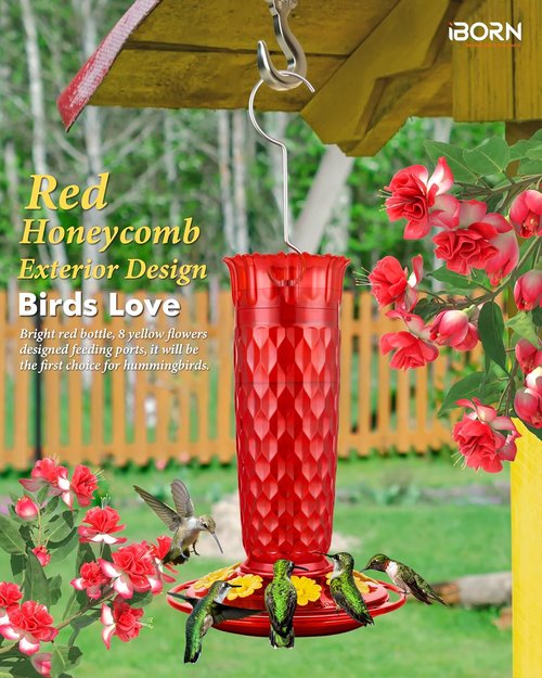 iBorn Hummingbird Feeders - 16oz Outdoor Hanging Feeder with 8 Bee Guards & Ant Moat | Red Honeycomb Design