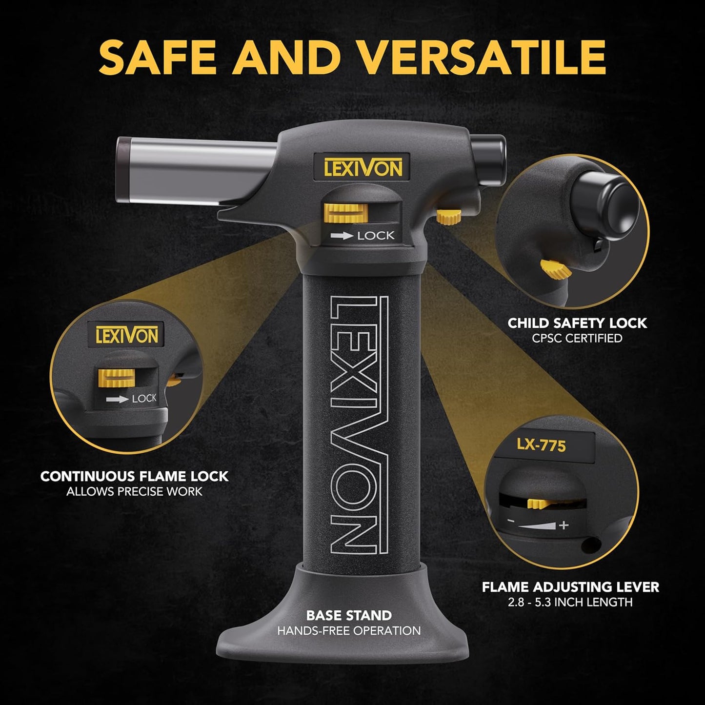 LEXIVON Butane Torch Lighter - Refillable Kitchen Cooking Torch with Safety Lock & Adjustable Flame | Pro-Grade Aluminum Tank (LX-775)