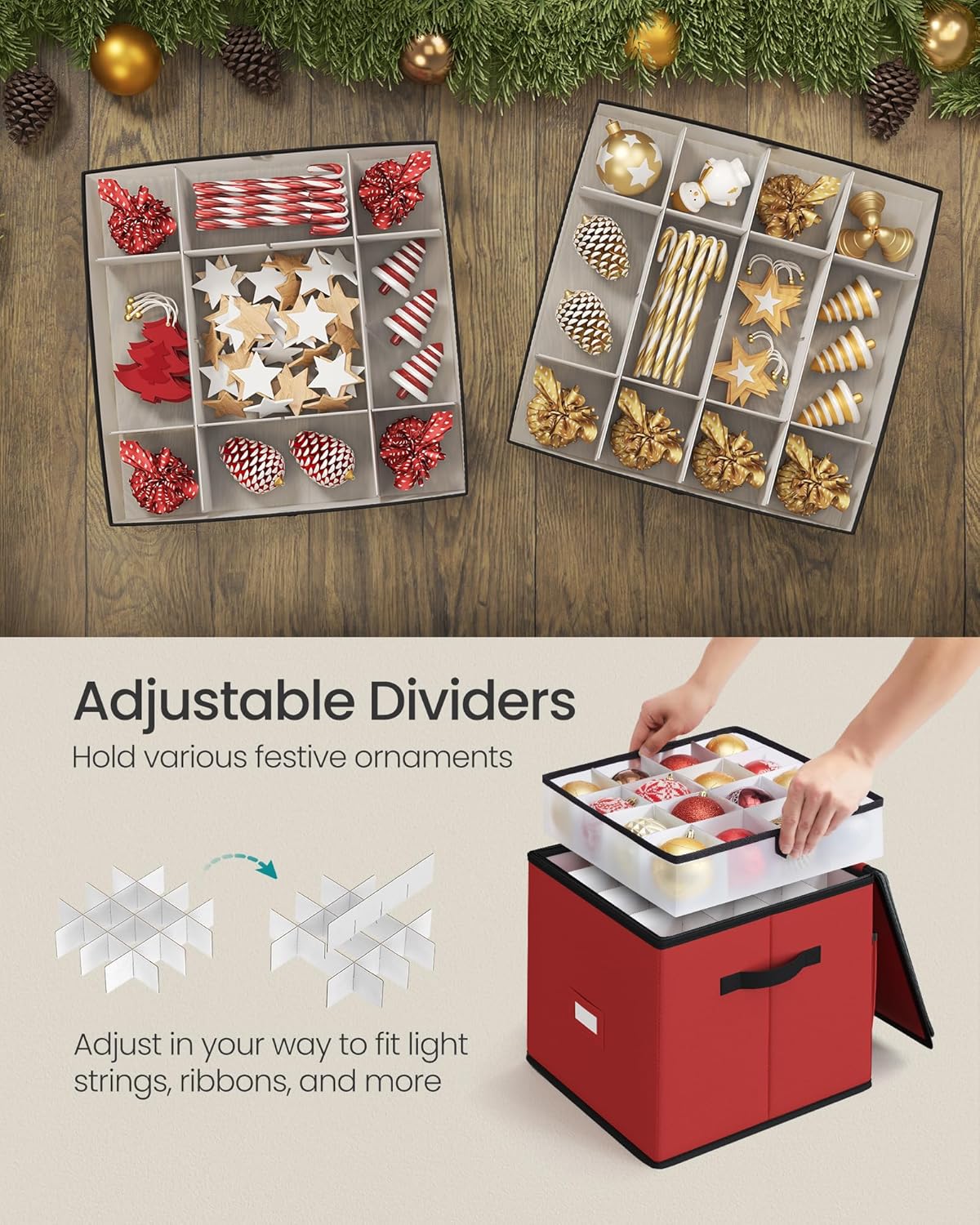 SONGMICS Christmas Ornament Storage Box - Stackable Dual Zipper Container with 64 Slots | Cherry Red, 600D Oxford