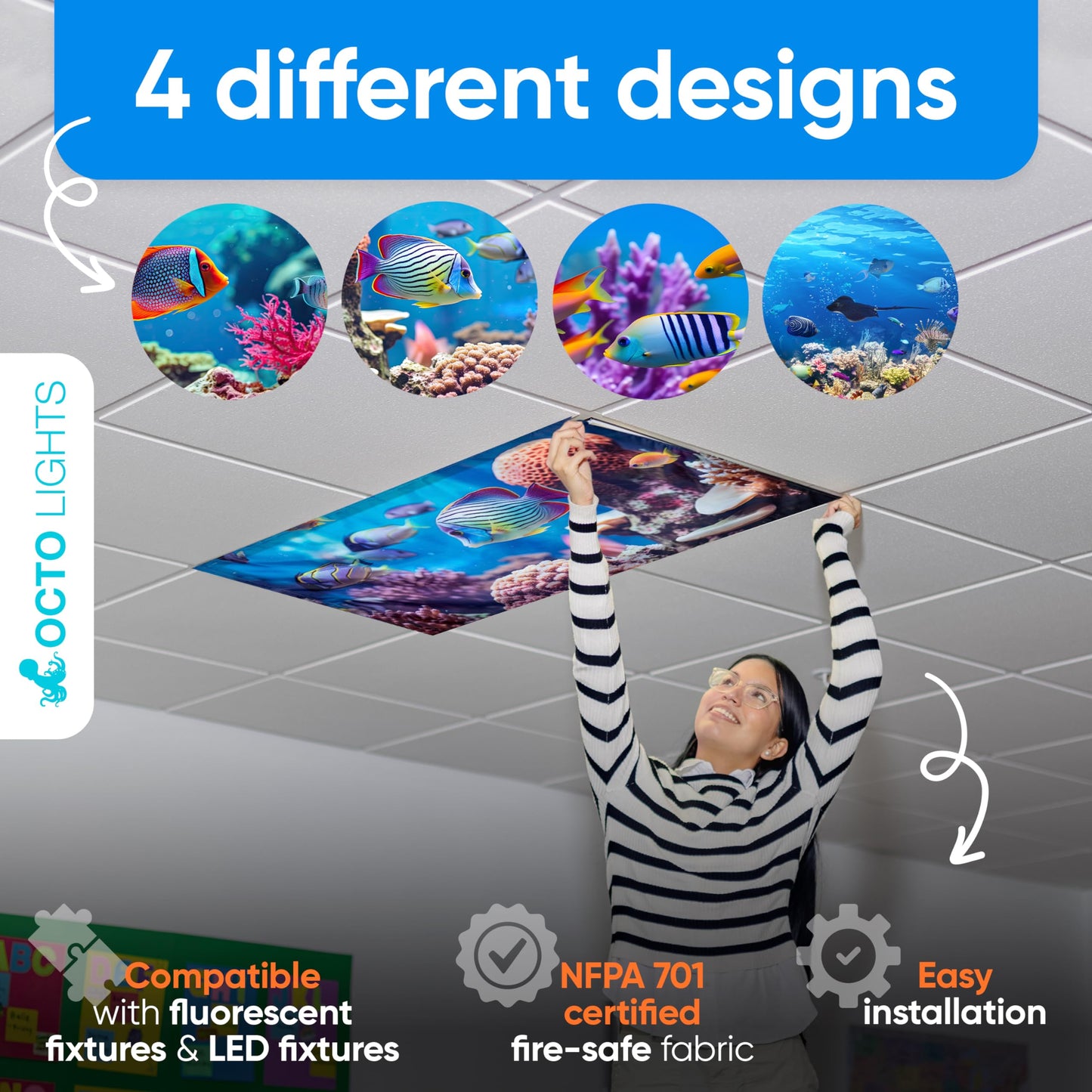 Light Covers for Ceiling Lights Classroom - Magnetic Ocean Cover for Fluorescent Or LED Fixture - Must Haves for Teacher Supplies - Home, Office Cubicle Decor - Calming Overhead Lighting