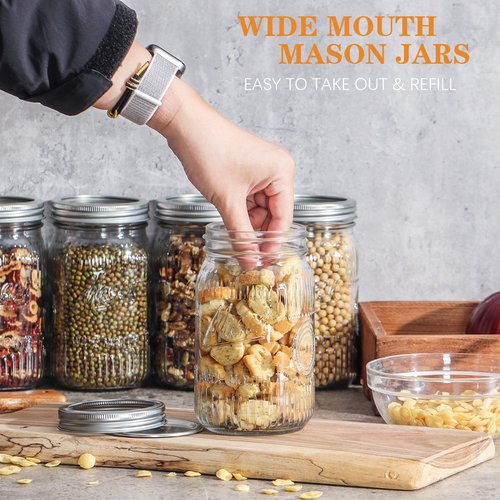 Jeitae 12 Pack 32 oz Wide Mouth Mason Jars - Heavy Duty Glass Storage Jars with Airtight & Leak Proof Lids for Pickling, Canning, Food Storage, Flour, Sugar, Pasta, Oats & DIY Projects (12pack 32oz)