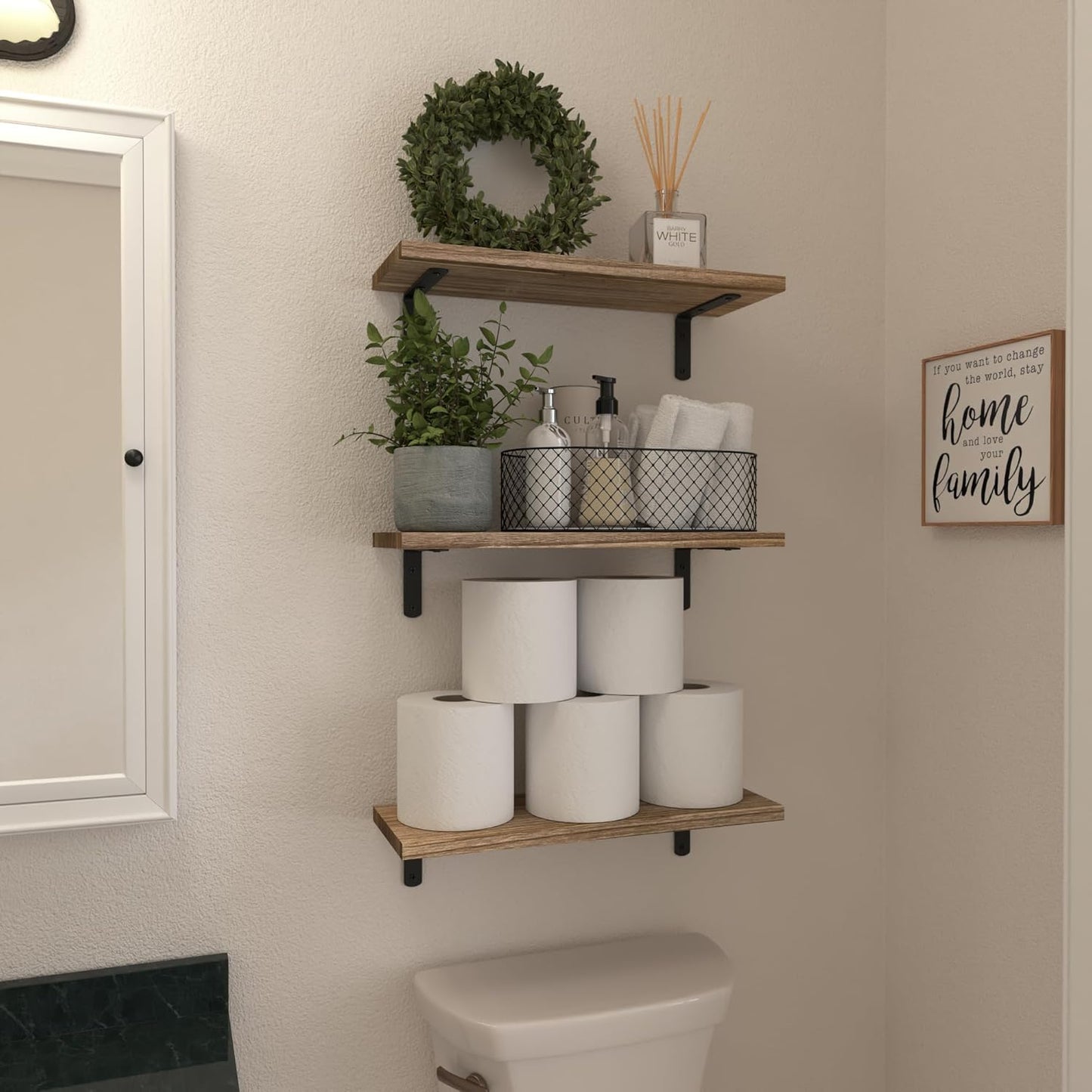 WOPITUES Wood Floating Shelves - Set of 6 Rustic Brown Wall Decor for Bedroom, Bathroom & Living Room