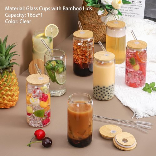 CWHHRN Glass Cups with Lids and Straws, 16oz Drinking Glasses, Iced Coffee Cups, Glass Tumbler with Lid, Great for Soda Boba Tea Cocktai (1 PACK)