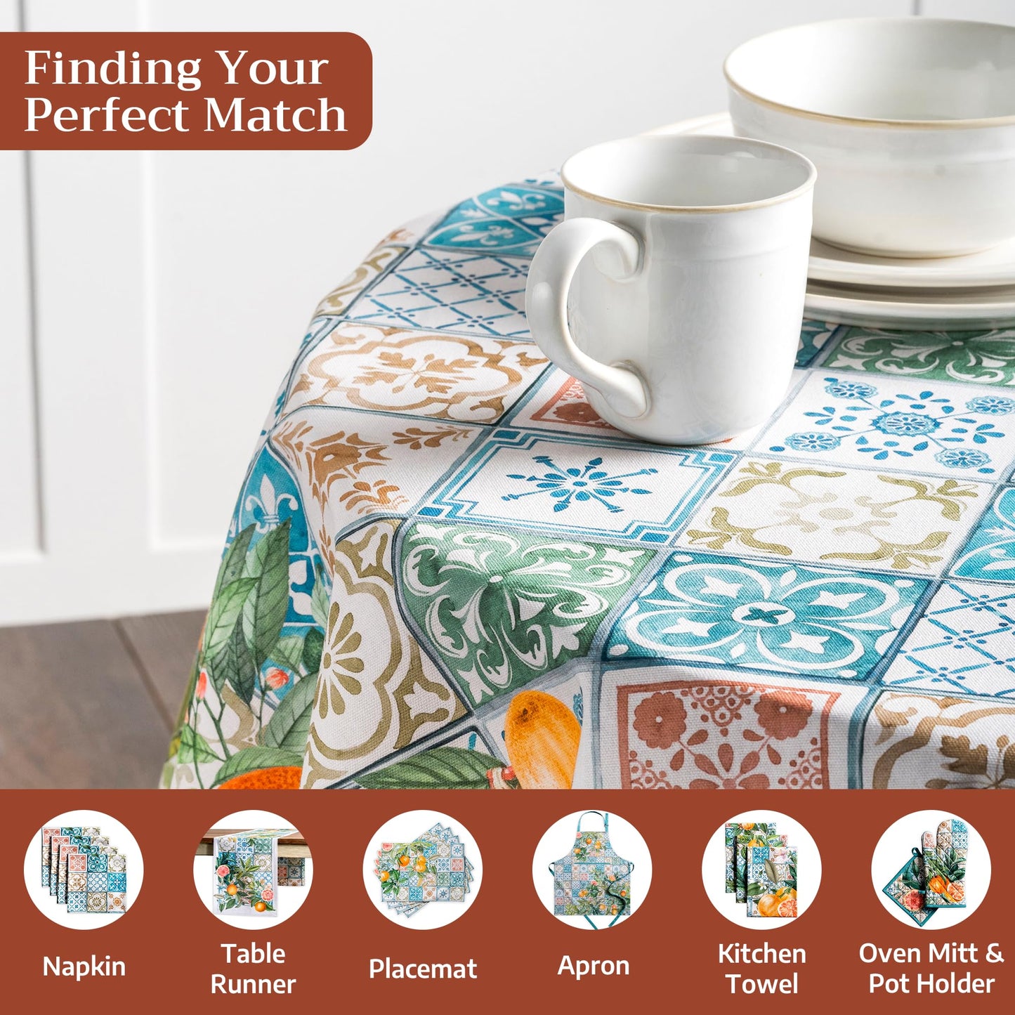 Maison d' Hermine Table Cloth Round Table 100% Cotton 63 Round Inches Tablecloth Reusable Decorative for Dining Kitchen Room Farmhouse Home Gifts for Mothers Day Spring Summer - Agrume