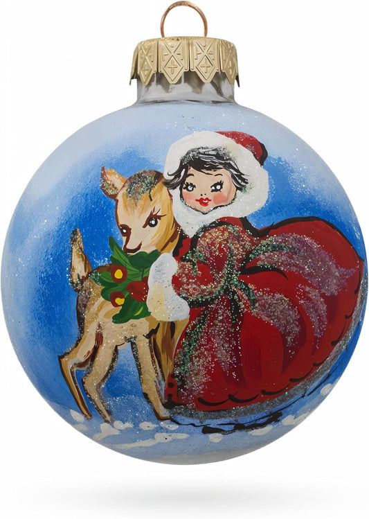 3.25-Inch Girl & Reindeer Glass Ball Christmas Ornament - Holiday Decor