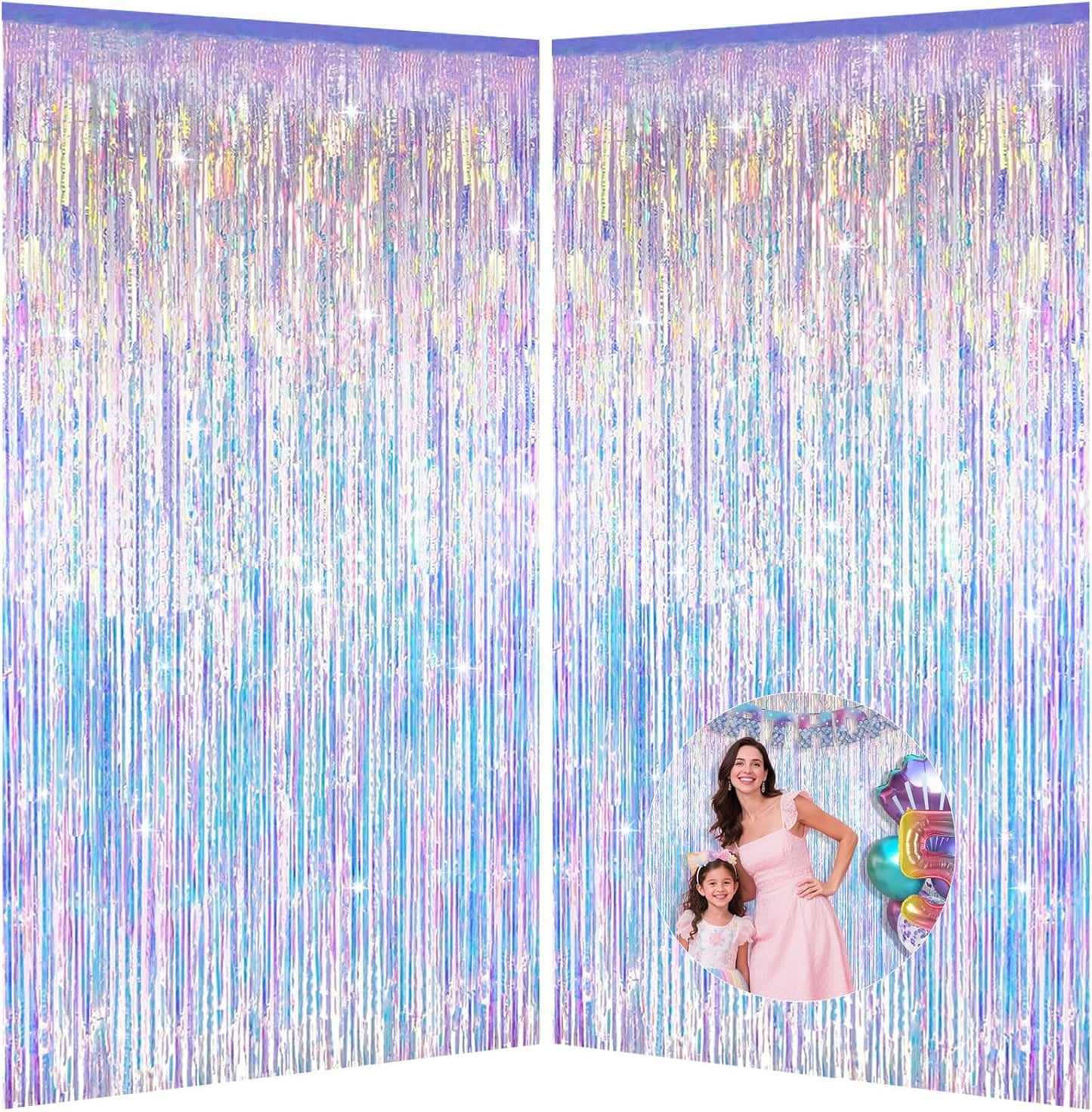 Sparkling Iridescent Party Decorations | Fringe Backdrop Tinsel Curtains - 3.28x6.56ft, 2 Packs