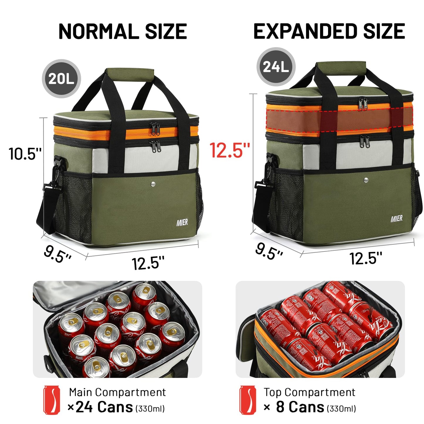MIER Expandable 24L Lunch Bag Double Layer Insulated Cooler Tote Soft Cooler Bags 30Can Mens Adults Lagre Leakproof Lunch Boxes for Work, Picnic, Camping, Travel, Army Green
