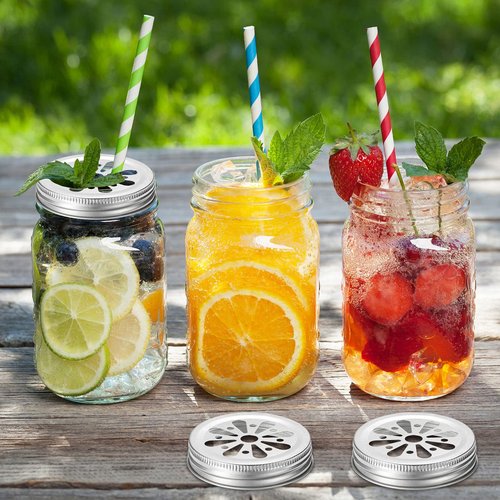 Geiserailie 16 Pcs Daisy Mason Can Jar Lids 2.75" Diameter Regular Mouth Jar Lids for Mason Canning Rustproof Daisy Cut with Straw Hole