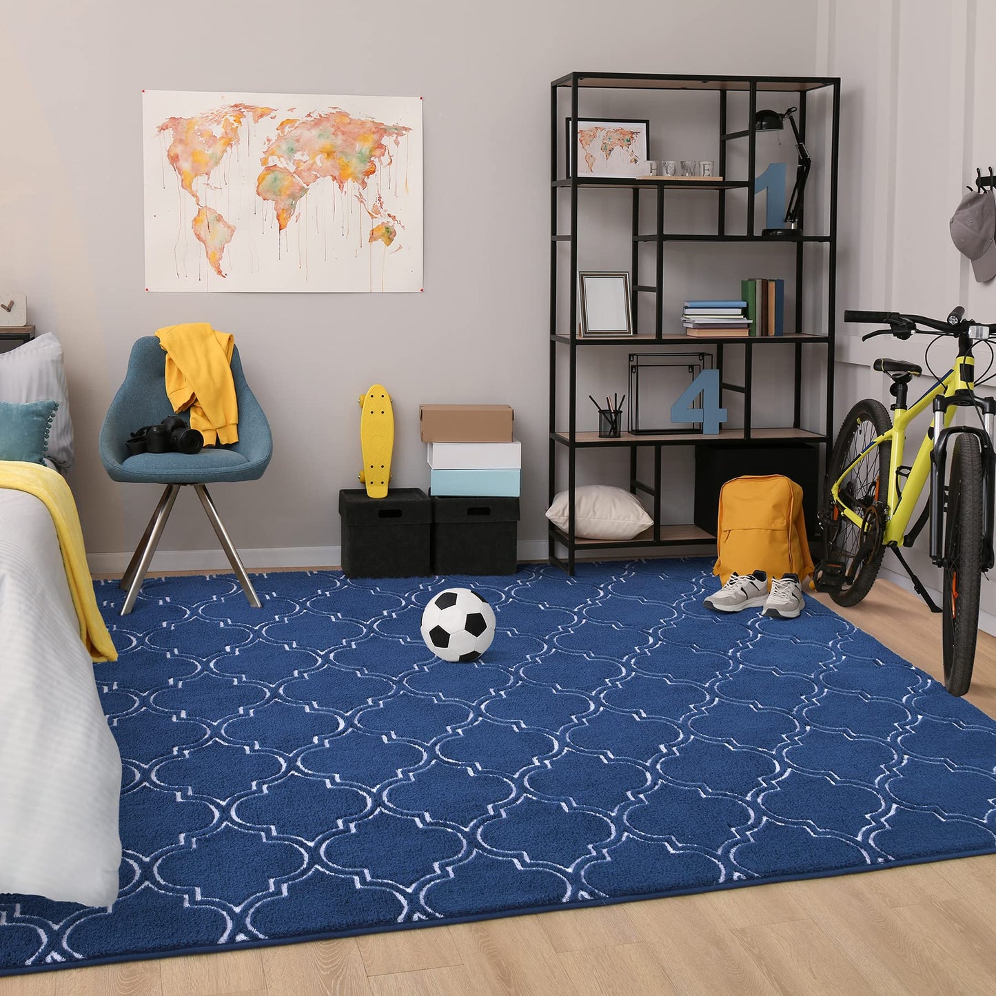 Chicrug Shag Geometric Modern Area Rug for Bedroom, 5x7 Feet Memory Foam Indoor Carpet, Fluffy Rug for Living Room Bedside Room Decor for Family Girls Kids Nursery Play Mat, Navy/White