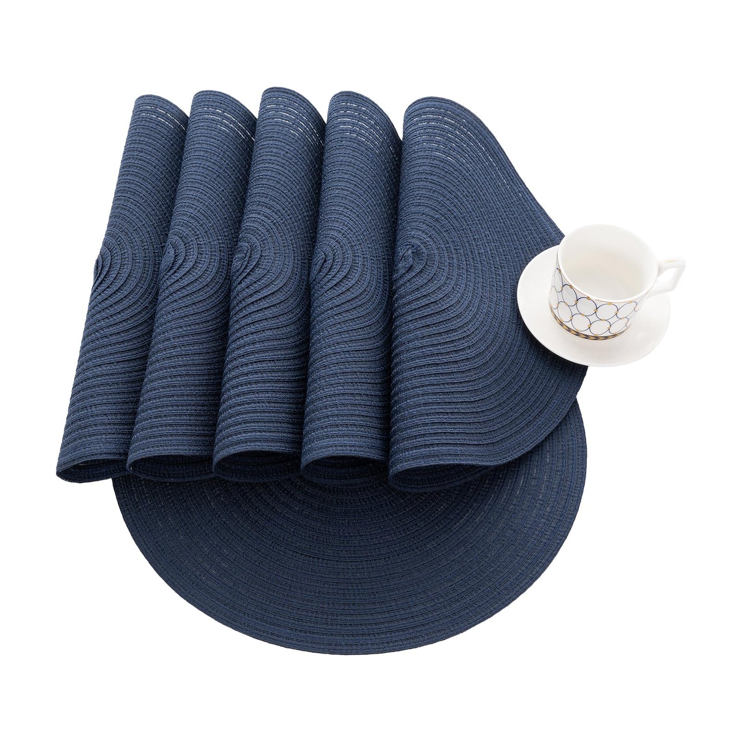 SHACOS Round Placemats Set of 6 Washable 15 inch Circle Polyester Woven Braided Place Mats for Dining Table Indoor Outdoor Table Mats Home Party Wedding Decor (Navy, 6)