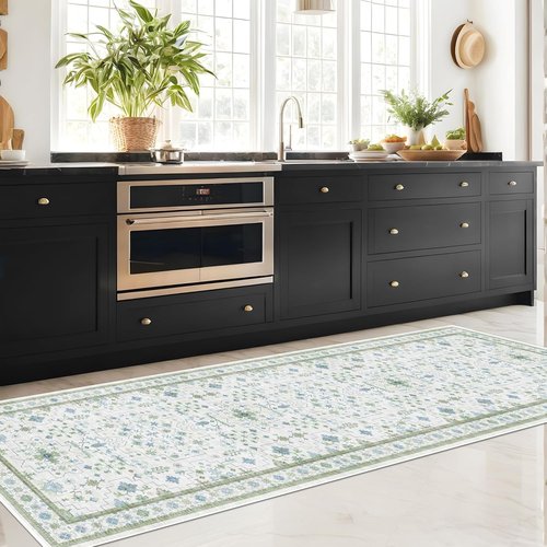 Hazo Haus Oushak Hallway Runner Rug 2'6"x8' - Vintage Floral Design, Washable & Non-Slip - Cream, Blue & Green