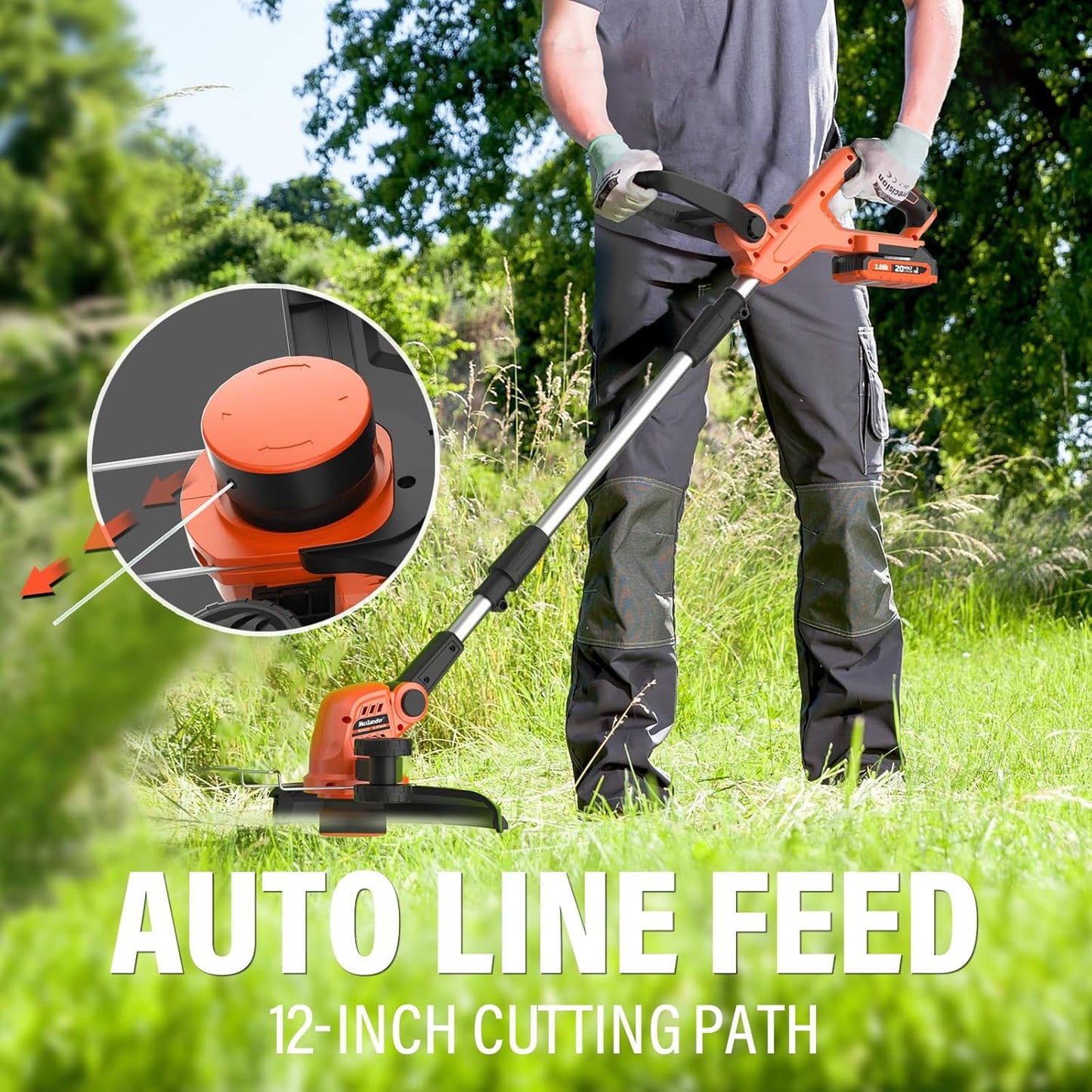 MAXLANDER Cordless Weed Wacker - 20V 12 Inch String Trimmer with 8 Replacement Spools & Batteries