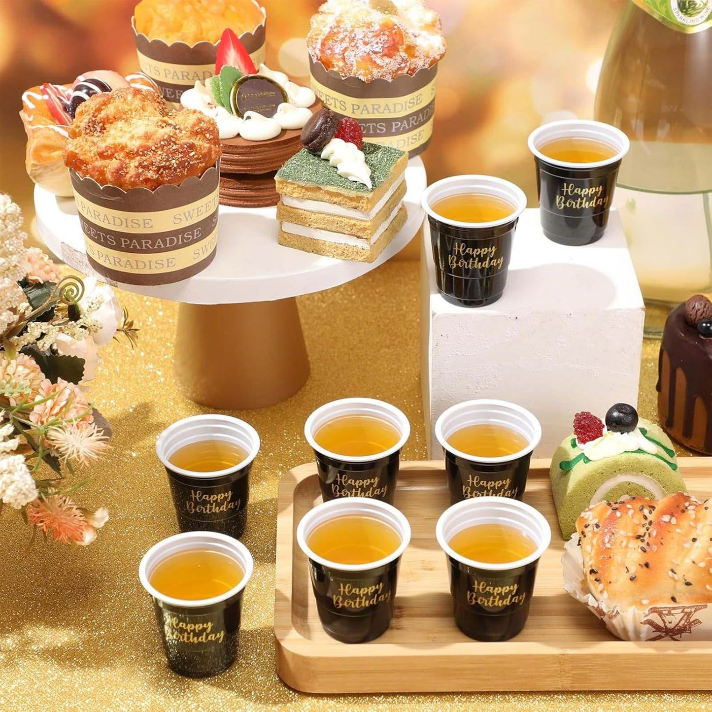 Layhit 100 Pcs Happy Birthday Plastic Shot Glasses 2oz Disposable Shot Cups for Party Mini Drinking Cups for Birthday Wedding Party Favors Tasting Serving Snacks Samples(Black)