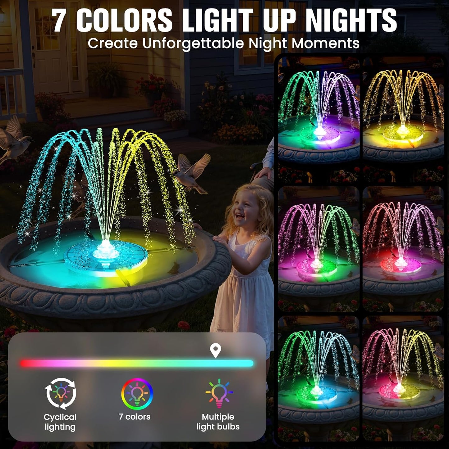 Skiennix 4000mAh Solar Fountain - 3 Spray Solar Powered Bird Bath Pump with Lights for Outdoor Garden