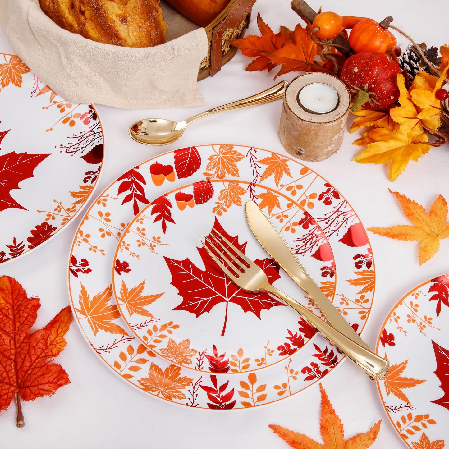 Liacere 150PCS Thanksgiving Plastic Plates- Include 30 Dinner Plates, 30 Dessert Plate,30 Forks, 30 Gold Spoons, 30 Gold Knives Perfect for Thanksgiving＆ Fall Plates