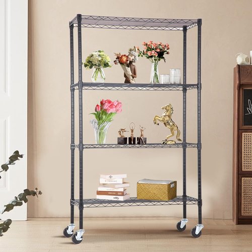 BestOffice 4-Tier Wire Storage Shelves with Wheels - Adjustable Heavy-Duty Metal Rack | 36x14x62 | Black | Holds Up to 500 lbs | No-Tool Assembly for Home & Garage