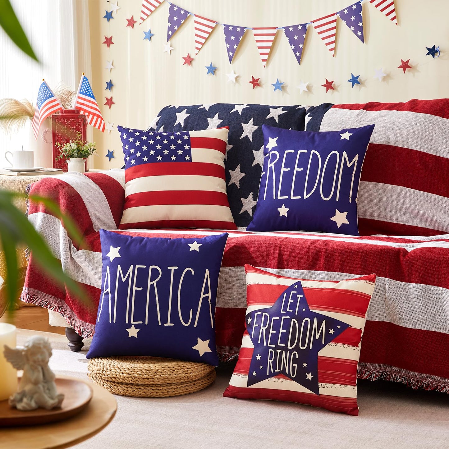 4th of July Pillow Covers 18x18 Inch,Set of 4 Patriotic Red White Blue Summer Outdoor Throw Pillow Covers,Independence Memorial Day USA Flag Linen Fourth of July Cushion Case for Sofa Couch Decor