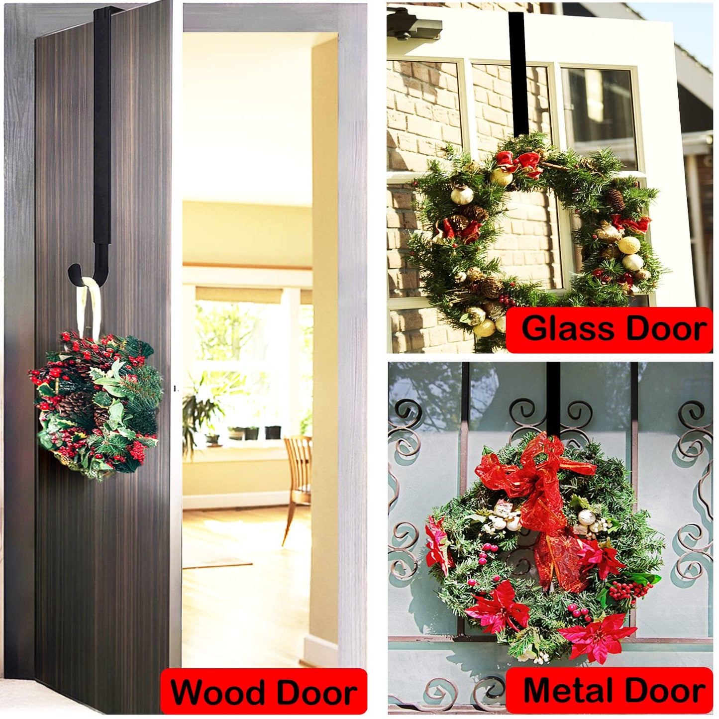 Wreath Hanger for Front Door, Adjustable from 15" to 25" Wreath Door Hanger for Christmas Fall Wreaths Decorations Hook, Black