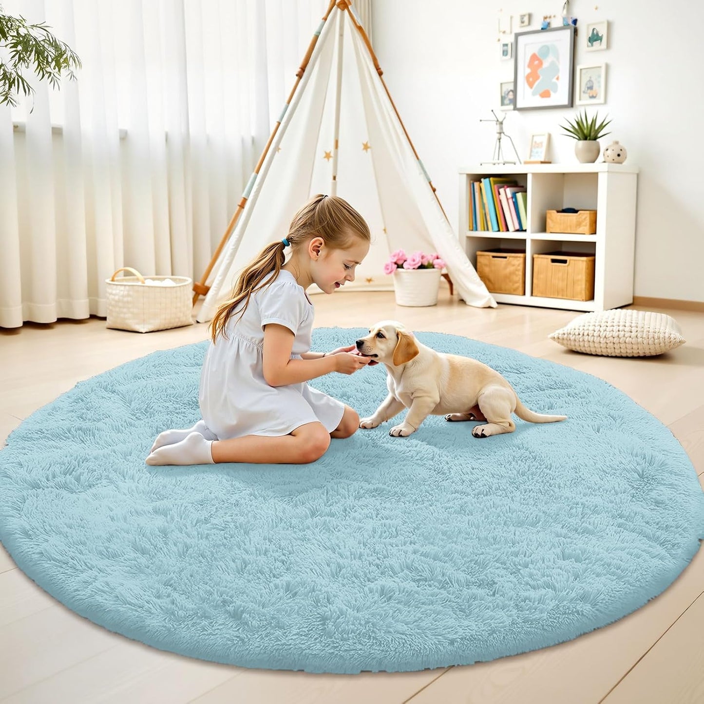 OLANLY Round Light Blue Area Rug - Soft, Fluffy, Machine Washable 6 ft Circle Carpet for Bedroom & Living Room Decor