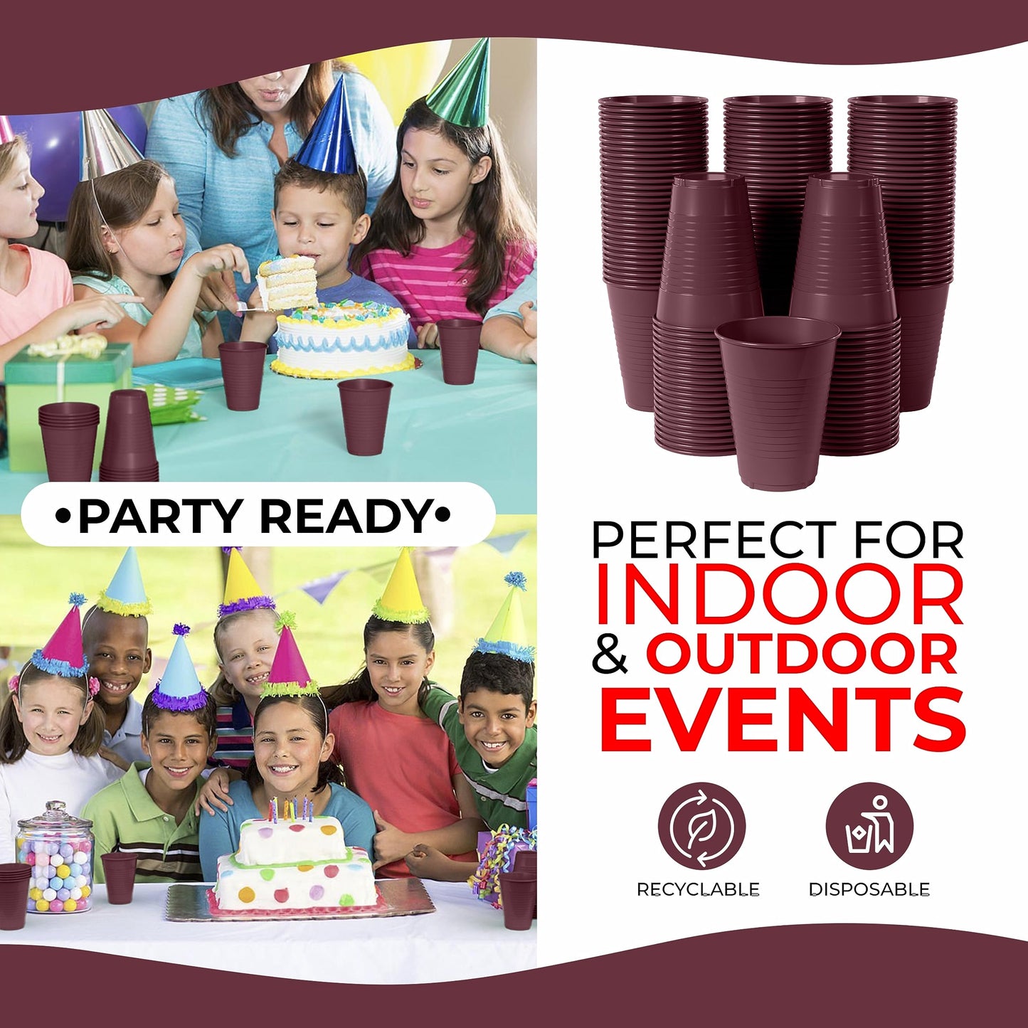 Party Solids Burgundy Plastic Cups - 12 oz, Pack Of 100