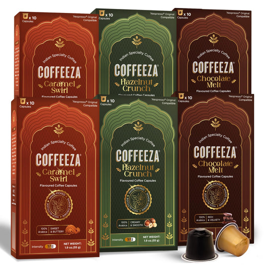 Coffeeza Variety Pack Flavoured – 60 Coffee Capsules (Pack of 6) – Original Line compatible – Specialty Indian Arabica Coffee – Recyclable Pods – Medium Roast – Flavored Espresso Pods